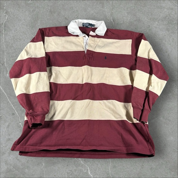 Vintage Polo By Ralph Lauren Rugby Shirt Mens Medium Red Cream Striped Polo Pony - Picture 1 of 7